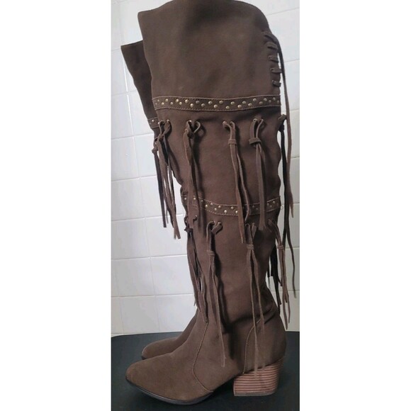 Anthropologie Mojo Moxy “Frilled” Brown Fringe Knee-High Boots 8.5 Boho Western - Picture 7 of 14